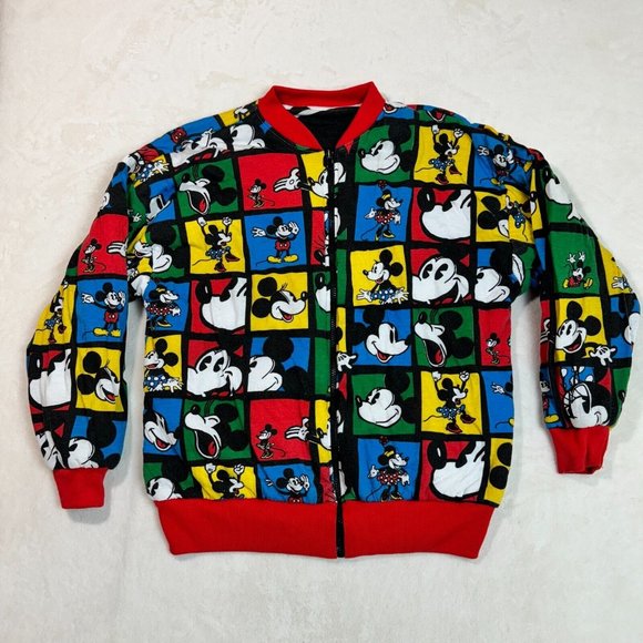 Vintage 80's Disney Mickey Mouse Unisex M 22X26 Reversible Cotton Bomber Jacket - Picture 1 of 16